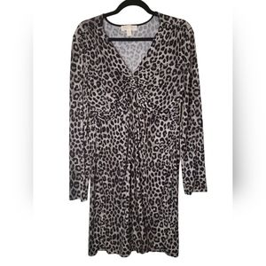 Michael Kors Womens Casual Gray Leopard Print Long Sleeves Midi Dress Size L